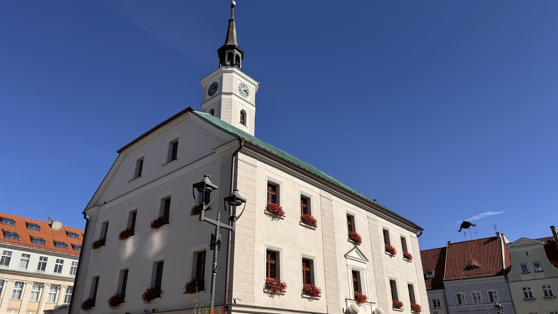 Biały ratusz z wieżą zegarową na rynku w Gliwicach pod błękitnym niebem