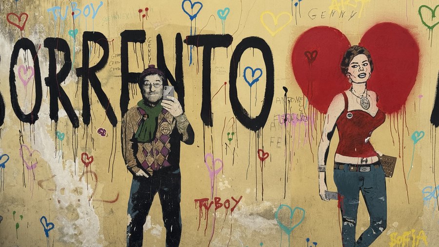 Mural z napisem Sorrento i malowanymi postaciami na żółtej ścianie